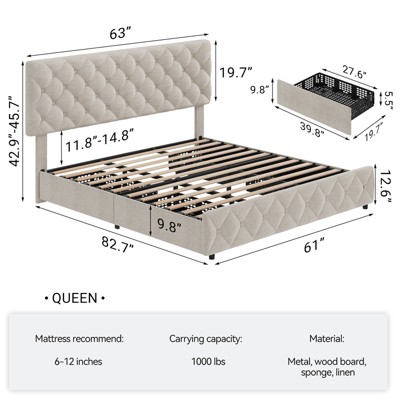 Upholstered Queen Platform Bed Frame with 4 Storage Drawers, PU Leather with Button Tufted, Wooden Slats Support, No Box Spring Needed, Noise-Free