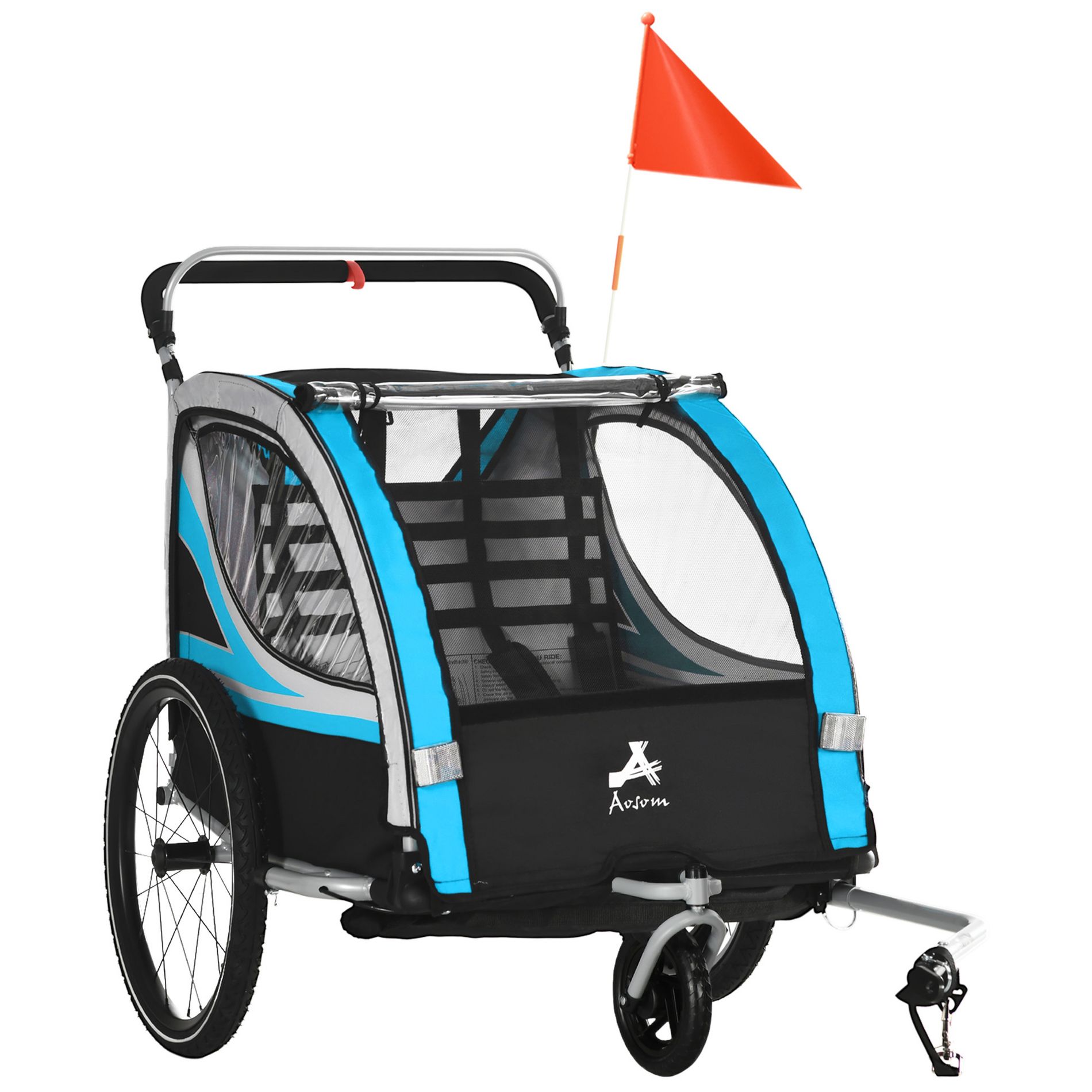 Aosom 3-in-1 Walk/Jog/Ride Child Baby Bike Trailer for Kids 2 Seater, Bike Stroller for Toddler Wagon, Double Bicycle Trailer Accessory for Kids, Blue