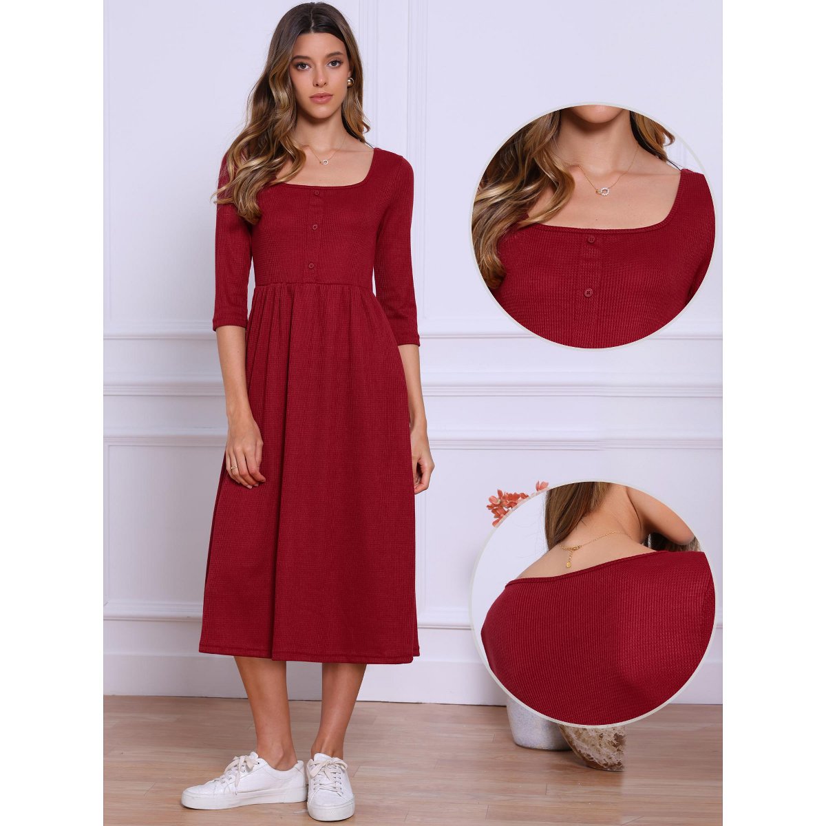 Женские платья INSPIRE CHIC Women's Square Neck 3/4 Sleeves Waffle Knit Casual Midi Dress Medium Dark Red — фото 2
