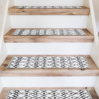 Cream and Black Geometric Nylon Non-Slip Stair Treads Set of 4