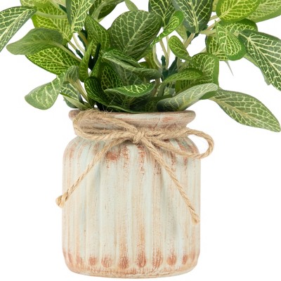 8" Green and White Faux Spring Foliage in Fluted Ceramic Pot