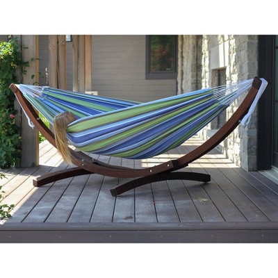 Vivere Blue and Green Striped Cotton Hammock with Pinewood Stand