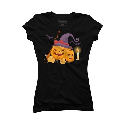 Junior's Design By Humans Halloween Witch Pumpkins With Bats By VectorVillain T-Shirt