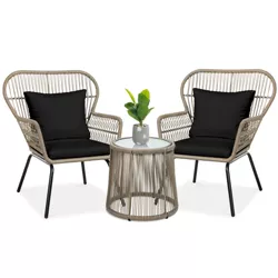 Best Choice Products 3-Piece Patio Conversation Bistro Set, Outdoor Wicker w/ 2 Chairs, Cushions, Side Table