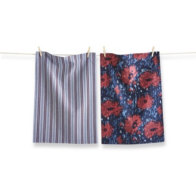 TAG Set of 2 Weekend Dahlia Bright Red Flowers on Blue Background with Blue Stripe Cotton   Kitchen Dishtowels 26L x 18W in.