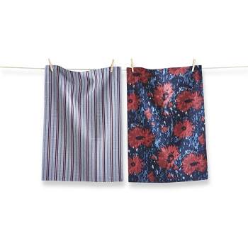 TAG Set of 2 Weekend Dahlia Bright Red Flowers on Blue Background with Blue Stripe Cotton   Kitchen Dishtowels 26L x 18W in.
