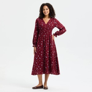 Women's Balloon Long Sleeve Smocked Bodice Midi Dress - Universal