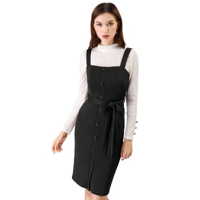INSPIRE CHIC Women's Classic Button Decor Slim Fit Sleeveless Tie Waist Pinafore Overall Dress