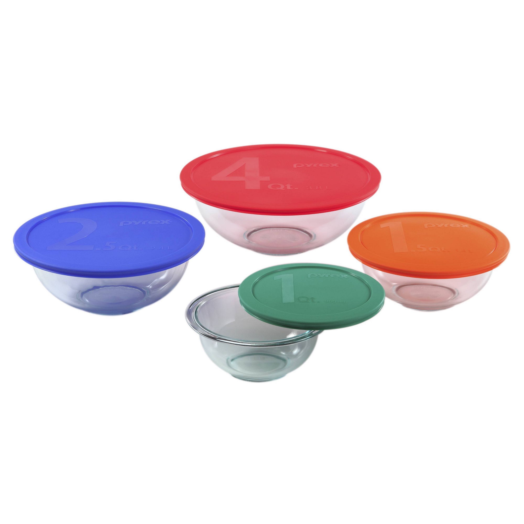 Pyrex 8pc Mixing Bowl Set: Multicolor Glass & Plastic, Dishwasher & Microwave Safe, 1-4 Qt Capacities
