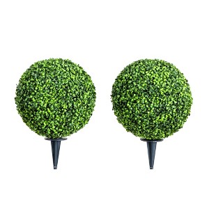 Nearly Natural 14-in Artificial Boxwood Ball Topiary with Integrated Ground Stake UV Resistant (Indoor/Outdoor) - Set of 2 - 1 of 4