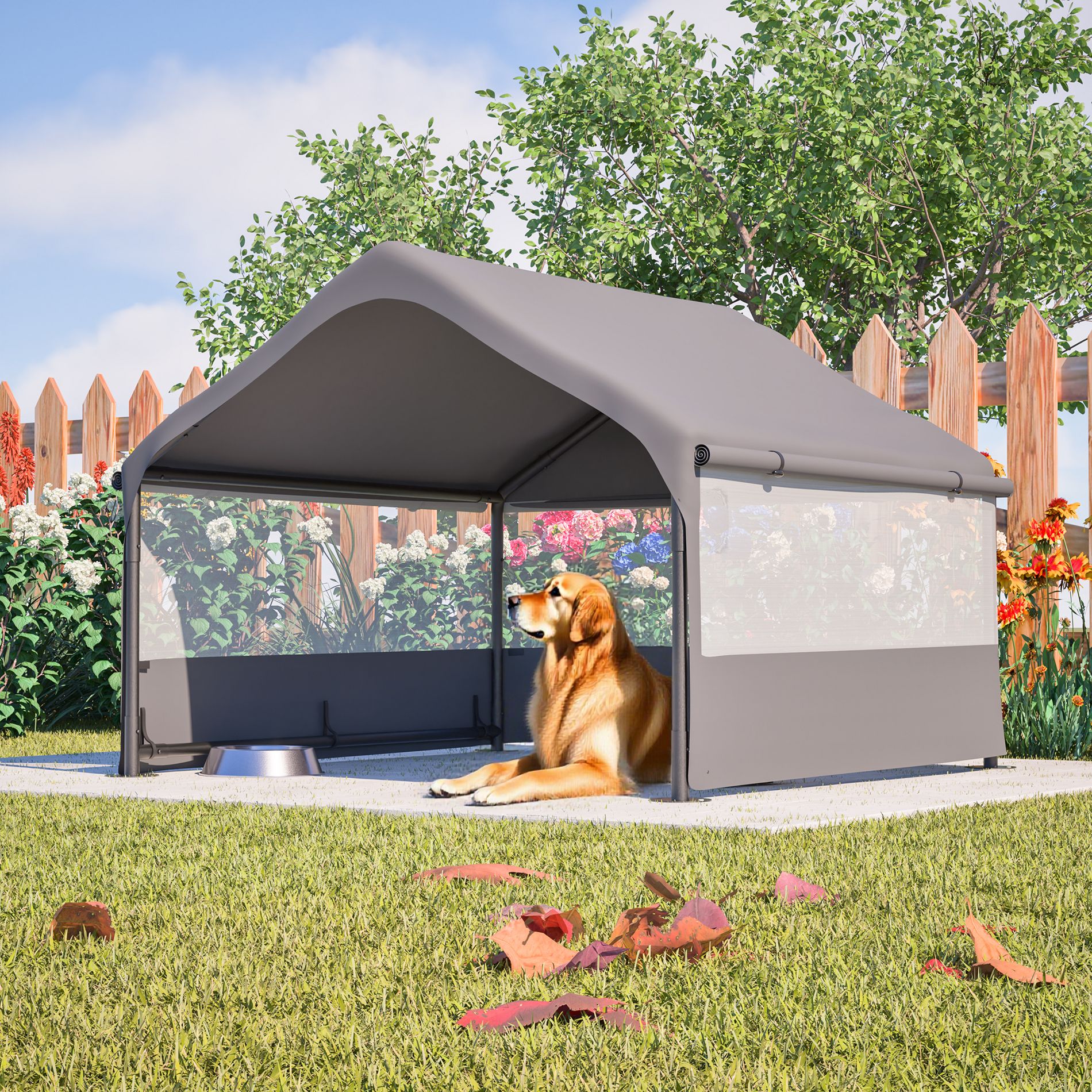 ORRD Extra Large Outdoor Dog House Tent, 3-Sided Mesh Windows, Sun & Rain Cover Pet Shelter, Gray 4'x4'x3.3'