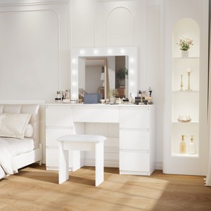 Makeup Vanity Desk with Mirror and Lights, Makeup Table Set with Cushion Stool, Brightness Adjustable Dressing Table with 4 Drawers for Bedroom - 1 of 4