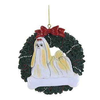 Holiday Ornament Shih Tzu Wreath  -  1 Ornament 4.00 Inches -  Personalize It Dog Pet Bone Dyi  -  Or276  -  Polyresin  -  Green