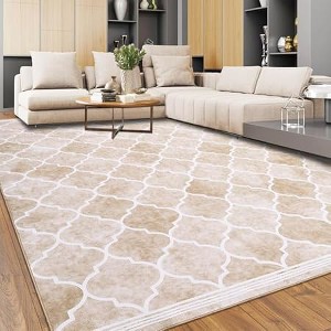 Washable  Rugs, Non Slip Floor Carpet Low Pile Accent Rug Ultra Soft Faux Wool Modern  Rugs for Living Room Bedroom Kitchen, Taupe - 1 of 4