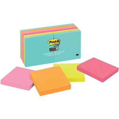 Post-it Super Sticky Note, 3 x 3 Inches, Miami Colors, 12 Pads with 90 Sheets