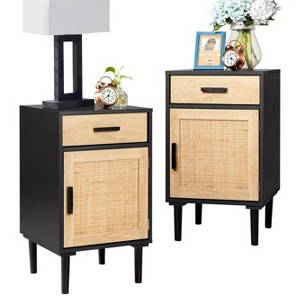 Finnhomy Tall Nightstands Set of 2, Night Stand,Hand Made Rattan Decorated Doors, Nightstands with Storage for Bedroom, 2 Pack - 1 of 4