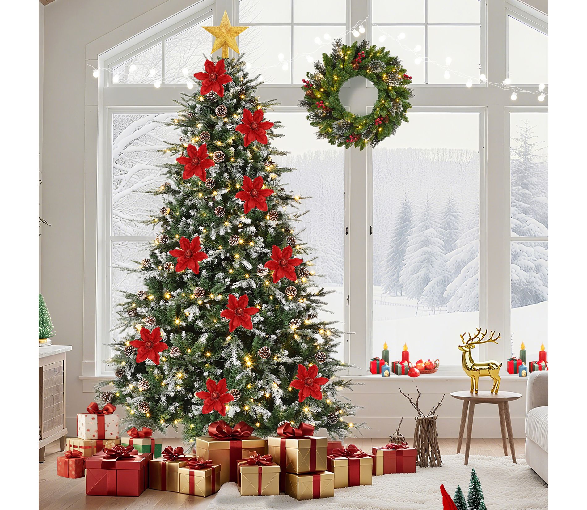 20Pcs Christmas Poinsettia Flowers Decoration Artificial Glitter Velvet Magnolia Ornament for Christmas Tree Holiday Wedding Decor