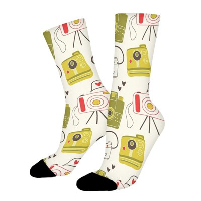 Colorful Camera Heart Women Printed Crew Socks Funny Funky Socks Soft Polyester Novelty Gifts for Artists Men