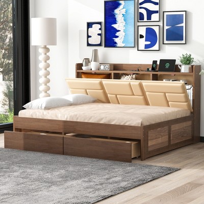 TIRAMISUBEST Twin/Full Size Wood Daybed with Upholstered Storage Shelves, USB Ports and 2 Drawers, Modern Daybed Frame Sofa Bed with Slats Support