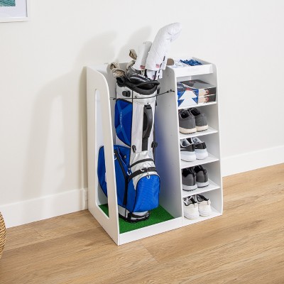 White Wooden Freestanding Golf Bag Organizer with Multiple Shelves