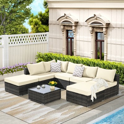8-Piece Outdoor Patio Sectional Sofa Set, Weather-Resistant Wicker Conversation Set with Washable Cushions & Glass Coffee Table - ModernLuxe