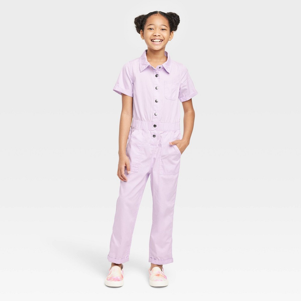 Size M Girls' Short Sleeve Jumpsuit - Cat & Jack Soft Violet  Soft Purple