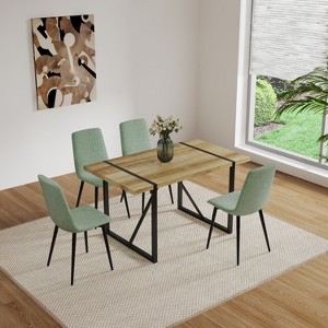 Gulches 5-Piece Mid-Century Dining Set - 55" MDF Wood-Colored Table with Metal Base + 4 Linen Upholstered Chairs, Modern Industrial Style - 1 of 4