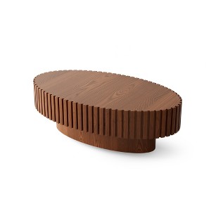 Gulches Oval Olive Shaped Coffee Table Handcrafted Relief Sturdy MDF Base Solid Wood Living Room Tea Table Natural Wood - 1 of 4