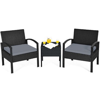 Tangkula 3 Pieces Patio Set Outdoor Wicker Rattan Furniture w/ Cushions Gray