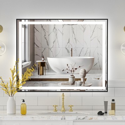 JUJABU 40''x32" Black Tempered Bathroom Mirror with Front and Back Lighting