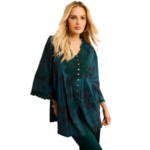 Roaman's Plus Size Juliet Lace Trim Button-Down Shirt - 1 of 4