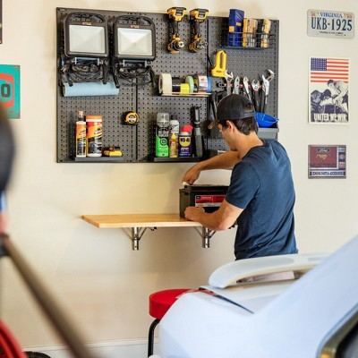Natural Wood Foldable Wall-Mounted Workbench with Stainless Steel Frame