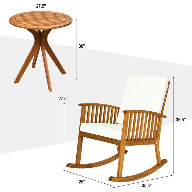 Costway 3PCS Patio Rocking Chair Set Round Table Solid Wood Cushioned Sofa Garden Deck, 4 of 10
