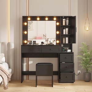Makeup Vanity Desk Set,Vanity Desk with Lighted Mirror & Charging Station,with 5 Drawers& 3-Tier Cabinet,with Upholstered Stool,for Bedroom-Black - 1 of 4