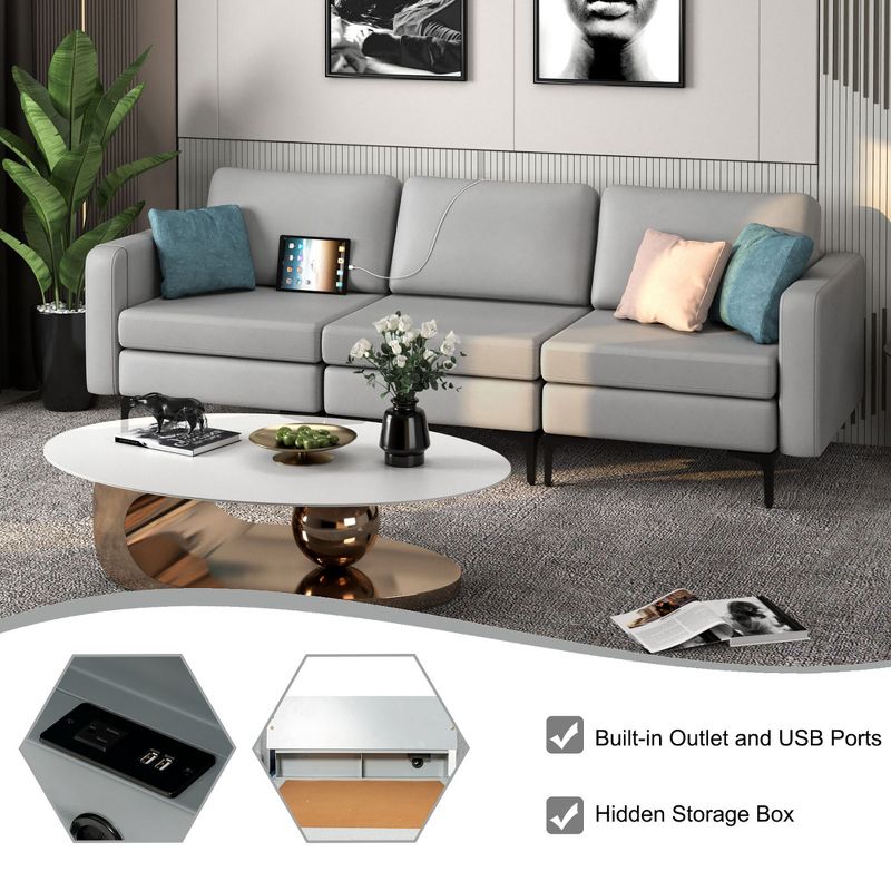 Costway Modular 3-Seat Sofa Couch w/ Socket USB Ports & Side Storage Pocket, 5 of 11