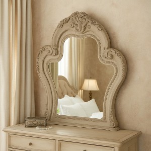 Royal Hampton Vanity Mirror, 46x46, Scrolled Carved Classic Details, White Wood - 1 of 4