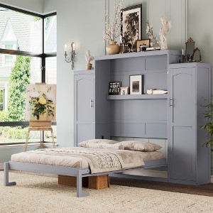 TiramisuBest Full Size Murphy Bed, Wooden Queen Wall Bed with 2 Wardrobe and Storage Shelf, Multifunctional Foldable Platform Bedframe - 1 of 4
