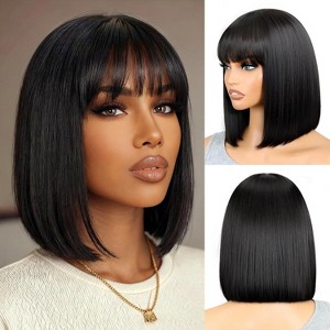 Short Bob Straight Human Hair Wigs With Bangs None Lace  display picture 3
