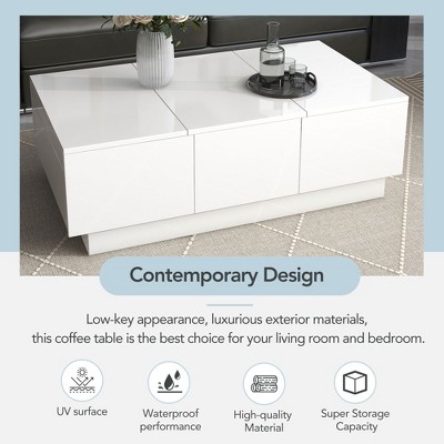 Extendable Rectangular Cocktail Table with 4 Drawers, Hidden Storage & Sliding UV High-Gloss Top，