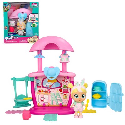 Cry Babies PlayTime Chloe's Kitchen Mini Playset with 15 accessories and 3.5" Doll for Kids 4 and up