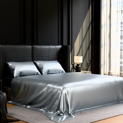 Skyzone Queen Size 4-Piece Silky Satin Bedding Set - 15" Deep Pocket Fitted Sheet, Cool Touch, Grey 90"x102" — фото 2