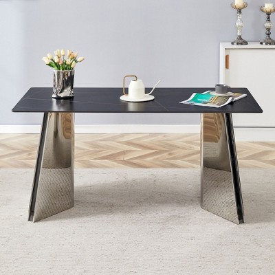Okak 63" Modern Dining Table Kitchen Table, Counter Height Table with Imitation Marble and Curved Base for 6