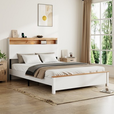 Modern Bed Frame with Storage Headboard, LED Light Bed Frame, Sturdy Metal & Wood Platform Bed for Bedroom – The Pop Home
