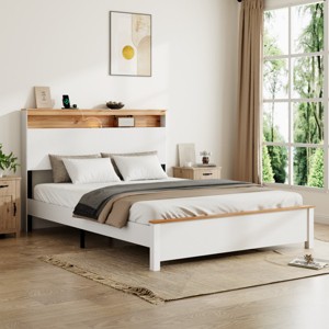 Modern Bed Frame with Storage Headboard, LED Light Bed Frame, Sturdy Metal & Wood Platform Bed for Bedroom – The Pop Home - 1 of 4