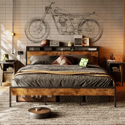 Bestier King Size Bed Frame, Metal Platform Bed with Wood Storage Headboard LED Lights and Charging Station