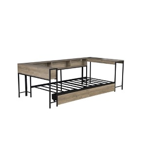 SEVOBAL Beds, Twin Size Corner Bed Frame with Bookcase and Storage Drawers for Modern Bedroom, Grey, 78"*15.7"*7.1" - 1 of 4