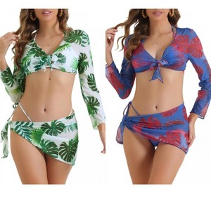 INSPIRE CHIC Women's Drawstring Halter Tie Back Triangle Bottoms Cover Up Tops and Bottoms Swimsuit 2 Sets - 1 of 4