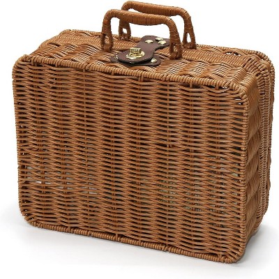 Wicker picnic basket, decorative props suitcase vintage storage basket cosmetic storage box, metal lock plastic rattan storage box with handle
