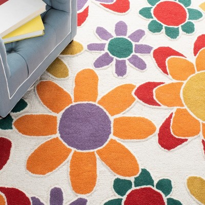 Ivory and Gold Floral Hand-Tufted Wool Kids Rug, 5' x 5'