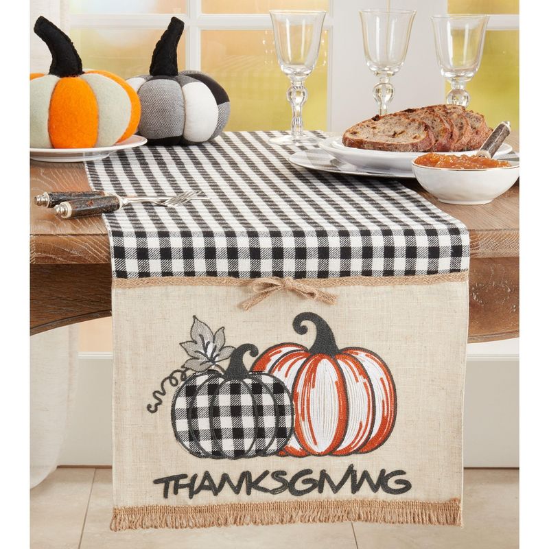 Saro Lifestyle Plaid Table Runner With Thanksgiving Pumpkins Design, Black, 16" x 70", 3 of 4